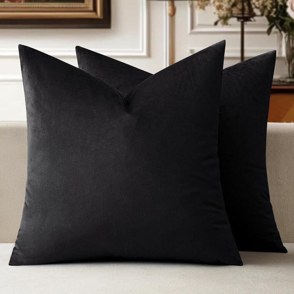 9023 Velvet Throw Pillow Covers 18x18 Inch, Pack of 2 - Black, Super Soft
